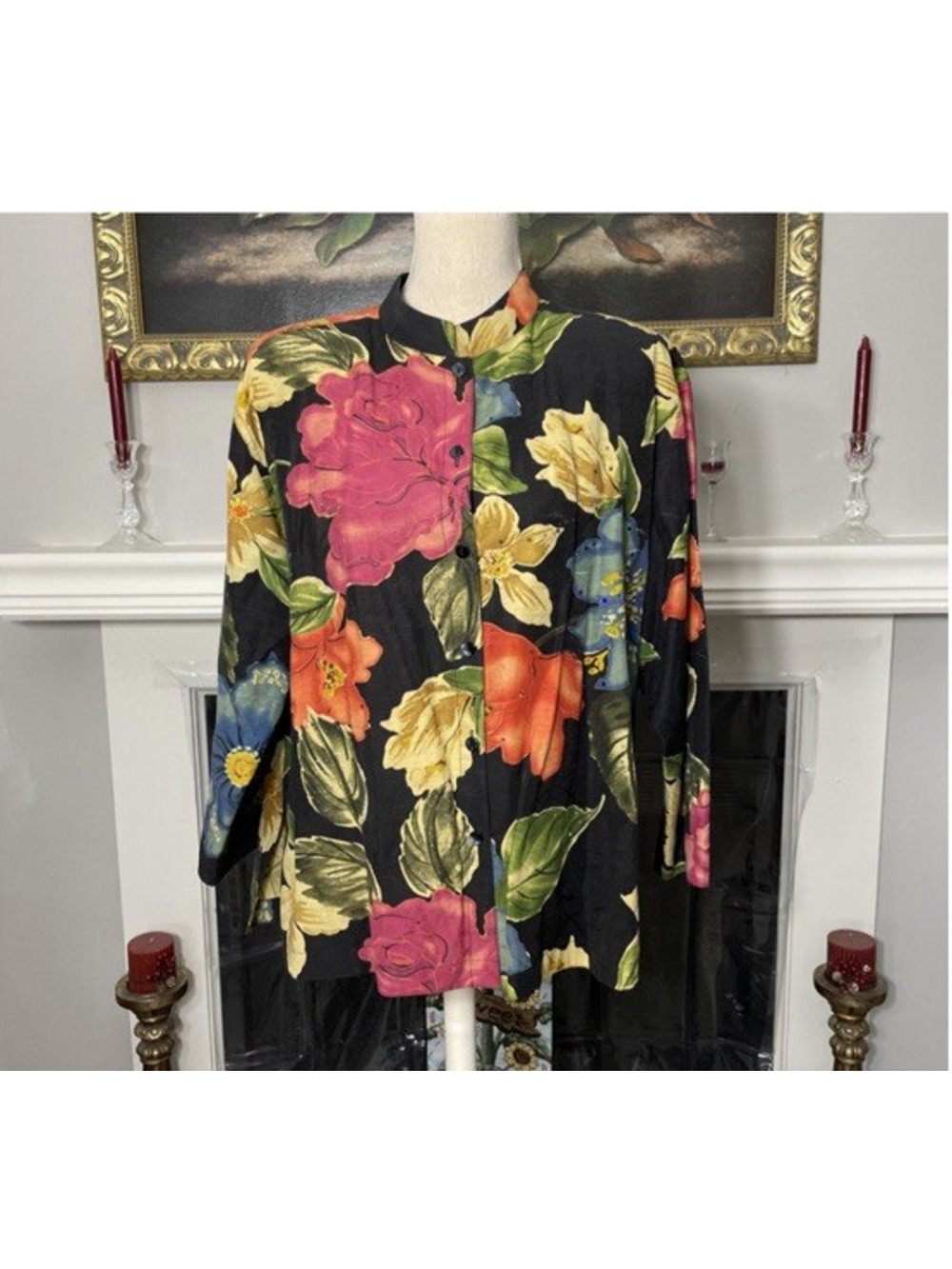 Chico's Design Linen Blend Floral Button Up Blouse Size 3